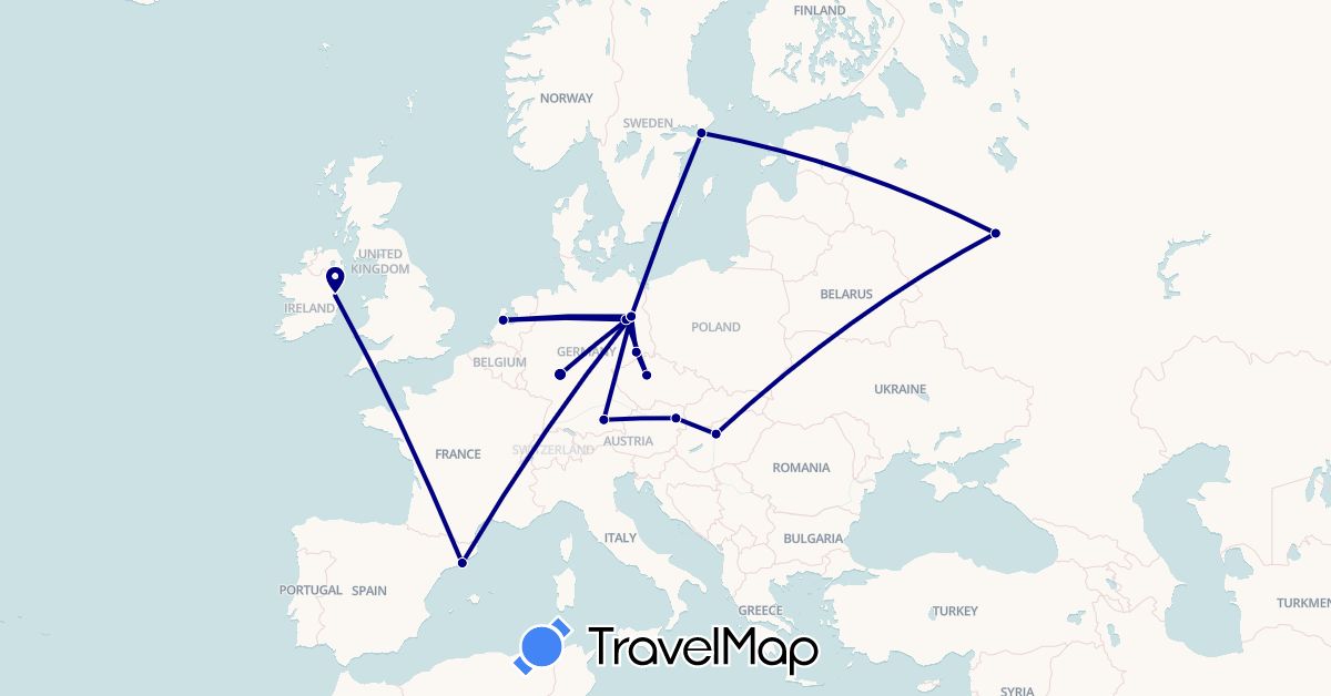 TravelMap itinerary: driving in Austria, Czech Republic, Germany, Spain, Hungary, Ireland, Netherlands, Russia, Sweden (Europe)
